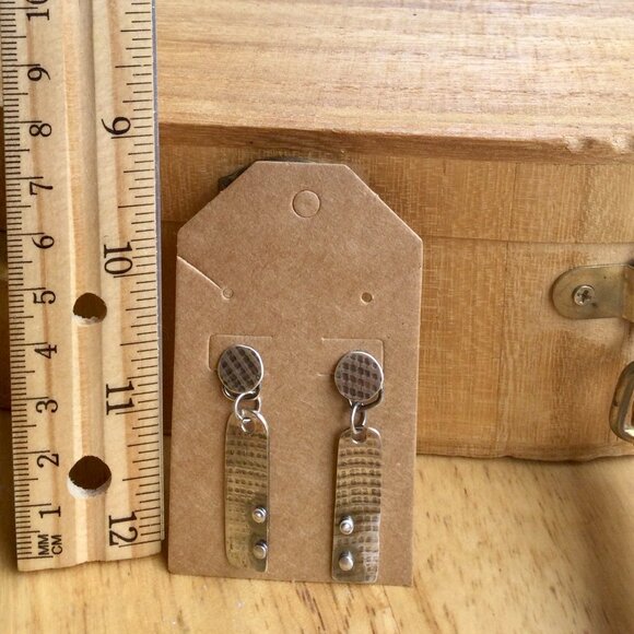 Handmade Recycled Sterling Silver Earrings – Hatch Mark Texture, Patina Finish - Picture 3 of 4